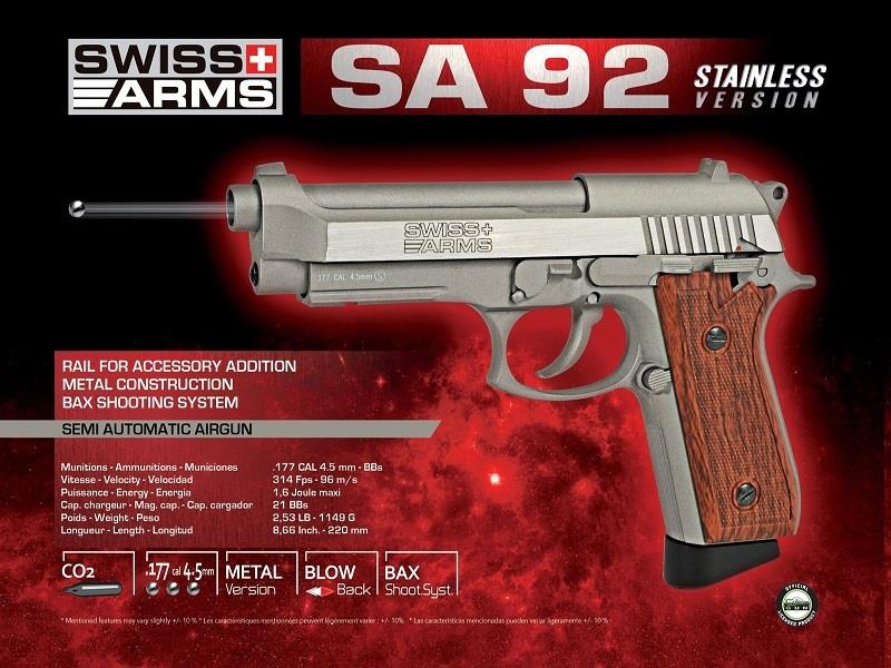 Swiss Arms P92 4.5mm/.177 Co2 Blowback Pistol (Silver - Black - Cybergun - 288511)