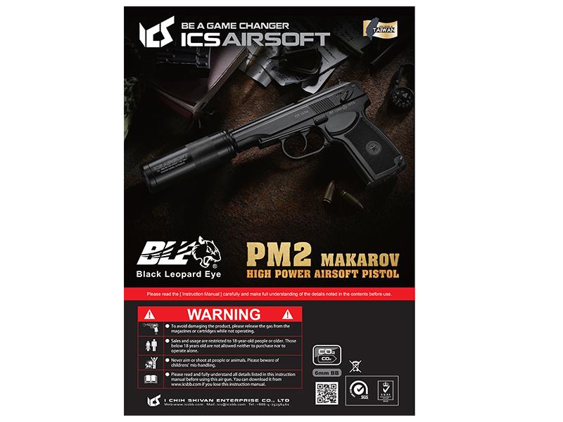 ICS PM2 Makarov Non-Blowback with Silencer (Co2 Powered - Black - BLE-002-SB)