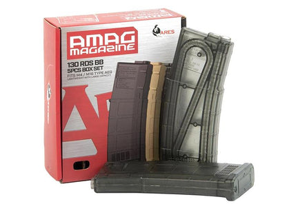 Ares M4 AMAG AEG Magazine (5pcs Box Set - 130 Rounds - Transparent - MAG-B-023-TP)