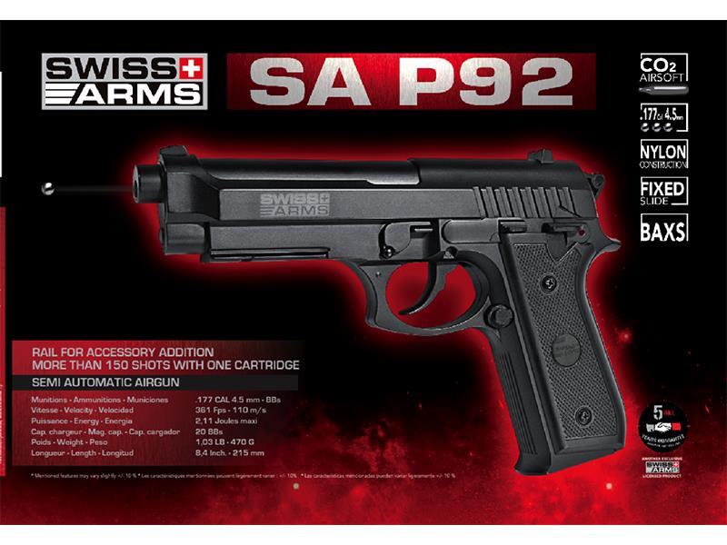 Swiss Arms P92 BAX 4.5mm / .177 Co2 Non-Blowback Pistol (Polymer- Black - Cybergun - RT288026)