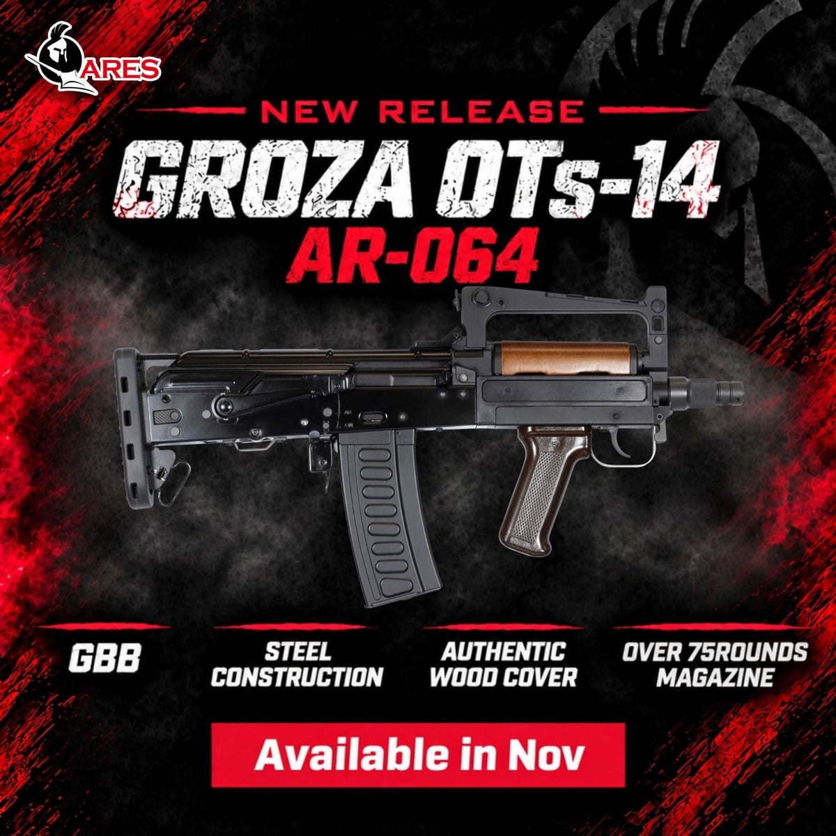 ARES OTs-14 Groza Full-Steel Gas Blowback Bullpup Airsoft Rifle - Black (AR-064)