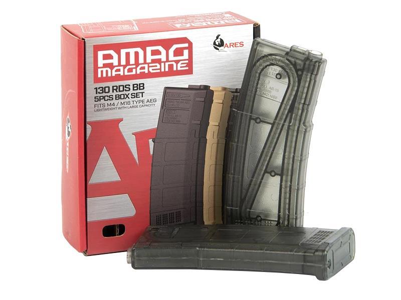 Ares M4 AMAG AEG Magazine (5pcs Box Set - 130 Rounds - Transparent - MAG-B-023-TP)