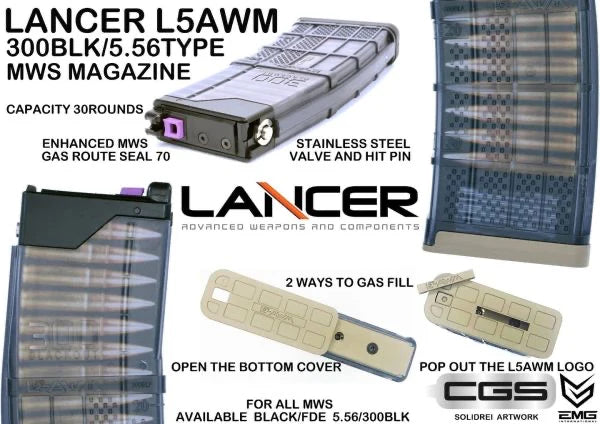 Lancer L5AWM Gas Magazine for CGS & TM MWS System (Black - Cyma/EMG - LC-MG-0001 BK)