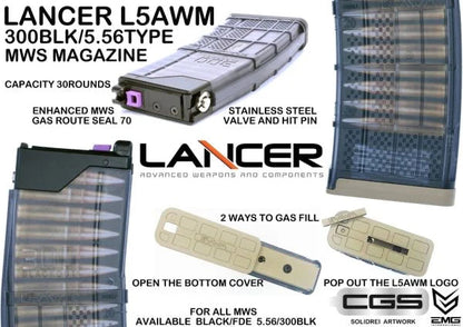 Lancer L5AWM Gas Magazine for CGS & TM MWS System (Black - Cyma/EMG - LC-MG-0001 BK)