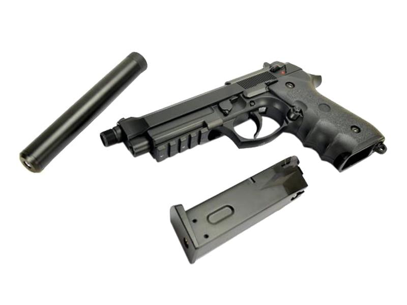 LS M9 Gas Blowback Pistol with Rail and Silencer (Black - GGB-9606T)