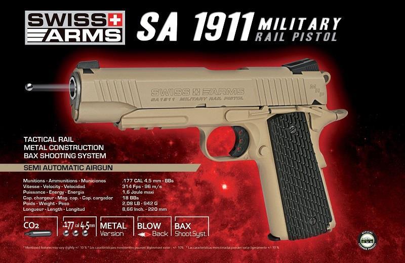 Swiss Arms 1911 Military 4.5mm/.177 Co2 Blowback Pistol (Metal - Tan - Cybergun - 288507)
