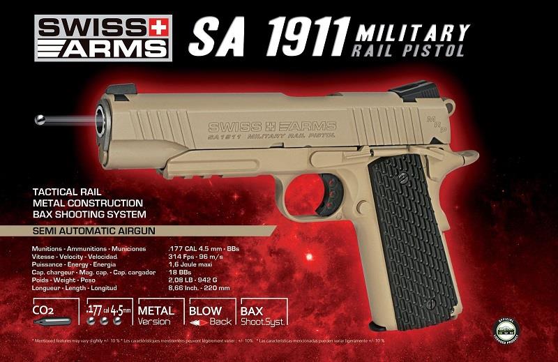 Swiss Arms 1911 Military 4.5mm/.177 Co2 Blowback Pistol (Metal - Tan - Cybergun - 288507)