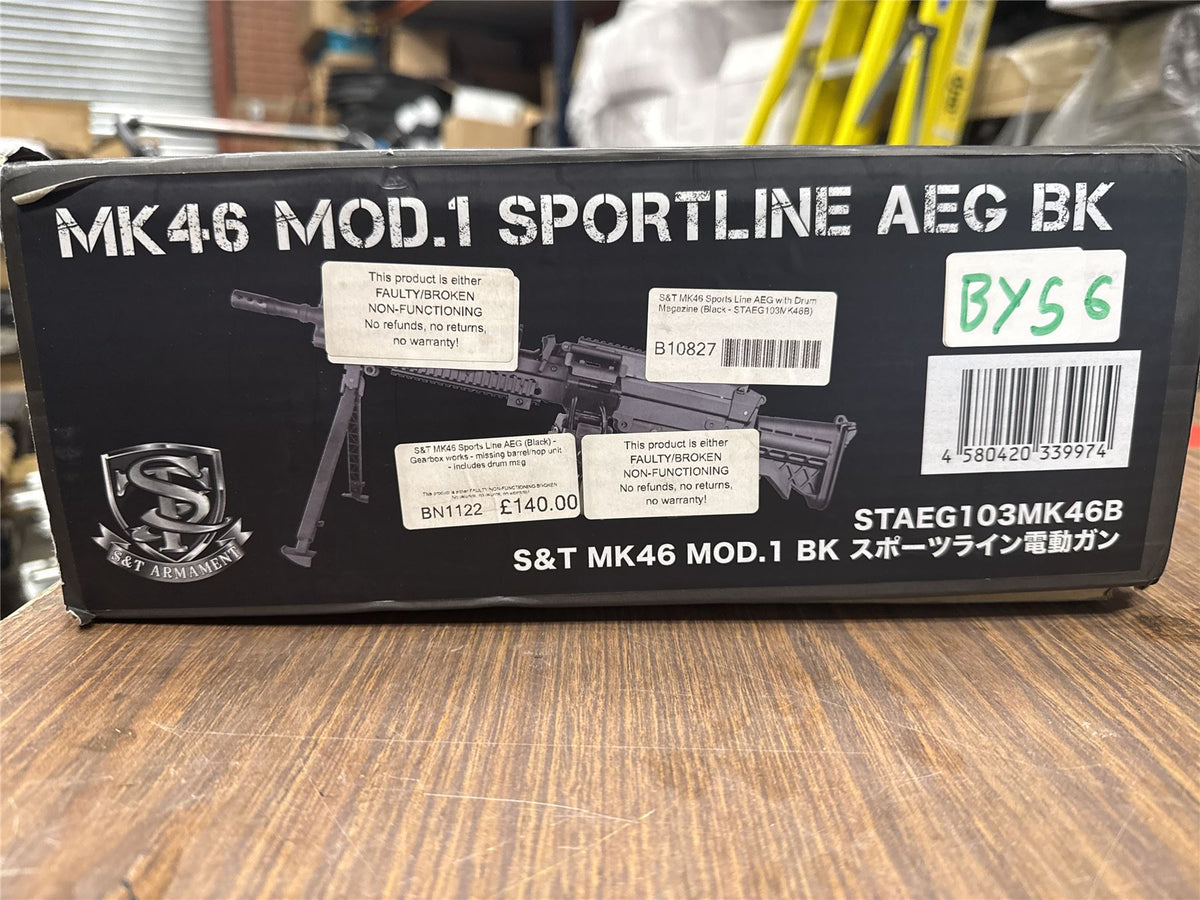 [Boneyard] S&T MK46 Sports Line AEG (Black) - Gearbox works - missing barrel/hop unit - includes drum mag