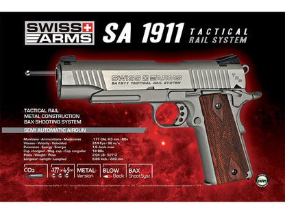 Swiss Arms 1911 4.5mm/.177 Tactical Rail Co2 Blowback Pistol (Cybergun - Silver - 288508)