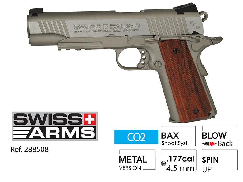 Swiss Arms 1911 4.5mm/.177 Tactical Rail Co2 Blowback Pistol (Cybergun - Silver - 288508)