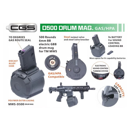 Cyma MWS  D500 Gas/HPA 500 Rds Drum Magazine for M4 MWS System Rifles